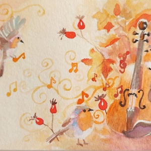 Eredeti akvarell őszi mesés képeslap festmény, Művészet, Festmény, Akvarell, Festészet, MESKA