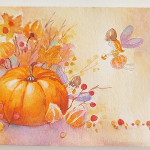 Eredeti akvarell őszi mesés, tündéres képeslap festmény, Művészet, Festmény, Akvarell, Festészet, MESKA