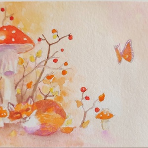 Eredeti akvarell őszi képeslap festmény, Művészet, Festmény, Akvarell, Festészet, MESKA