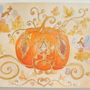 Eredeti akvarell őszi tökhintós-tündéres képeslap festmény, Művészet, Festmény, Akvarell, Festészet, MESKA