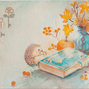 Eredeti akvarell őszi sünis-varázskönyves képeslap festmény, Művészet, Festmény, Akvarell, Festészet, MESKA