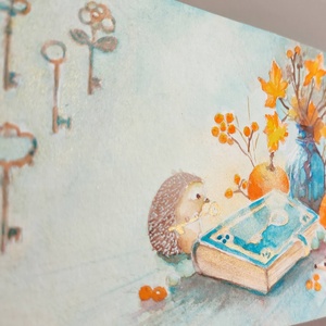 Eredeti akvarell őszi sünis-varázskönyves képeslap festmény - művészet - festmény - akvarell - Meska.hu