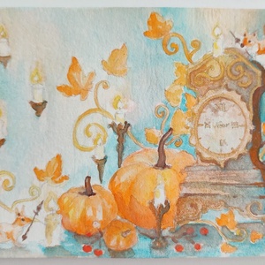 Eredeti akvarell őszi antik órás festmény képeslap, Művészet, Festmény, Akvarell, Festészet, MESKA