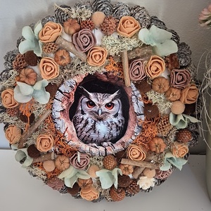 Baglyos kopogtató , Otthon & Életmód, Dekoráció, Ajtó- és ablak dekoráció, Ajtódísz & Kopogtató, Virágkötés, MESKA