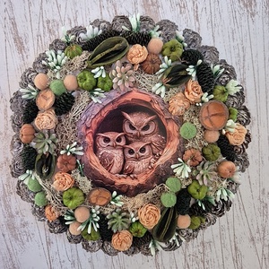 Bagoly család kopogtató , Otthon & Életmód, Dekoráció, Ajtó- és ablak dekoráció, Ajtódísz & Kopogtató, Virágkötés, MESKA