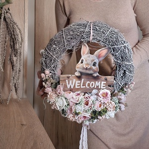 Nagyméretű nyuszis kopogtató , Ünnepi díszek, dekorációk, Húsvéti díszek és dekorációk, Húsvéti ajtódísz, kopogtató, Virágkötés, MESKA