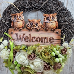 Baglyos ajtódísz , Otthon & Életmód, Dekoráció, Ajtó- és ablak dekoráció, Ajtódísz & Kopogtató, Virágkötés, MESKA