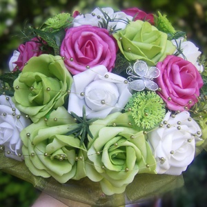 Menyasszonyi csokor zöld pink fehér  - esküvő - menyasszonyi- és dobócsokor - Meska.hu