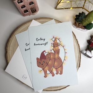 Ünnepi cicus - képeslap , Karácsony, Karácsonyi ajándékozás, Karácsonyi képeslap, üdvözlőlap, ajándékkísérő, Fotó, grafika, rajz, illusztráció, MESKA