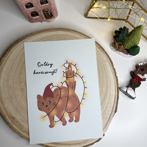 Ünnepi cicus - képeslap  - karácsony - karácsonyi ajándékozás - karácsonyi képeslap, üdvözlőlap, ajándékkísérő - Meska.hu