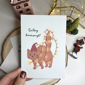 Ünnepi cicus - képeslap  - karácsony - karácsonyi ajándékozás - karácsonyi képeslap, üdvözlőlap, ajándékkísérő - Meska.hu