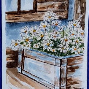 Margaréták faládában  - művészet - festmény - akvarell - Meska.hu