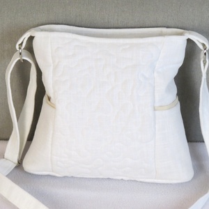 Len női válltáska, fehér táska sok zsebbel, pitypanggal, crossbody táska cipzárral, vállon átvethető  füllel, sportos - táska & tok - kézitáska & válltáska - vállon átvethető táska - Meska.hu