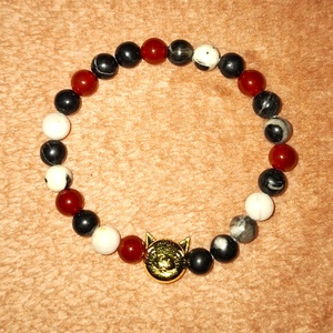 Macska charmos karneol és zebra jáspis ásványkarkötő, Ékszer, Karkötő, Ásványkarkötő, Ékszerkészítés, Gyöngyfűzés, gyöngyhímzés, MESKA