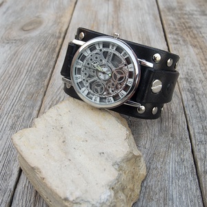 Férfi Skeleton mechanikus karóra, Fekete, szegecselt férfi Steampunk karóra, Rocker karóra - ékszer - karóra és ékszeróra - karóra - Meska.hu
