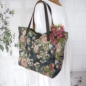 Női nagy méretű vászon táska, Vintage rózsás gobelin táska, Női utazó táska, Női gobelin válltáska, Shopper táska - Meska.hu