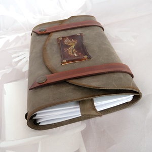 Főnix madaras olasz nyitható khaki színű nubuk bőr napló, Újratölthető nyitható-zárható notebook - otthon & életmód - papír, írószer - jegyzetfüzet & napló - Meska.hu
