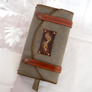 Főnix madaras olasz nyitható khaki színű nubuk bőr napló, Újratölthető nyitható-zárható notebook - otthon & életmód - papír, írószer - jegyzetfüzet & napló - Meska.hu