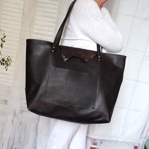 Nagy méretű Sötétbarna olasz bivalybőr táska tolltartóval, Bivalybőr válltáska, Olasz bőr Shopper - Meska.hu