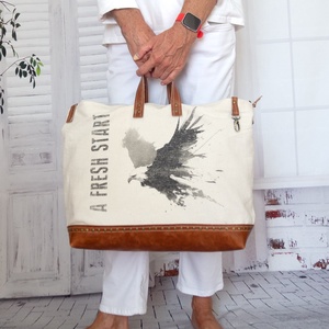 Nagy méretű bőr-vászon táska, Férfi, női, uniszex kézműves táska - táska & tok - kézitáska & válltáska - nagy pakolós táska - Meska.hu