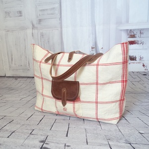 Bohém kockás válltáska valódi bőr részletekkel, Kézzel készített shopper táska vintage stílusban - táska & tok - kézitáska & válltáska - nagy pakolós táska - Meska.hu