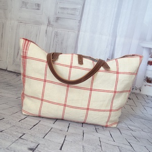 Bohém kockás válltáska valódi bőr részletekkel, Kézzel készített shopper táska vintage stílusban - táska & tok - kézitáska & válltáska - nagy pakolós táska - Meska.hu