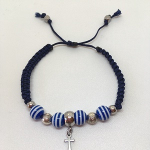 Navy Blue - Makramé tengerkék-csíkos gyöngy karkötő horgony medállal - ékszer - karkötő - karkötő medállal - Meska.hu