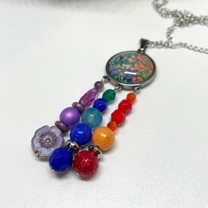 Klimt's flowers - Gyöngyökkel díszített üveglencsés nyaklánc - ékszer - nyaklánc - hosszú nyaklánc - Meska.hu