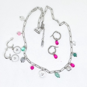 Pink és petrol ezüst színű szett, Ékszer, Nyaklánc, Gyöngyös nyaklánc, Gyurma, Ékszerkészítés, MESKA