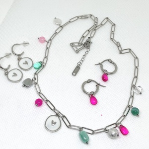 Pink és petrol ezüst színű szett - ékszer - nyaklánc - gyöngyös nyaklánc - Meska.hu