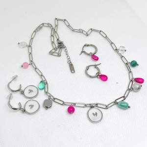 Pink és petrol ezüst színű szett - ékszer - nyaklánc - gyöngyös nyaklánc - Meska.hu