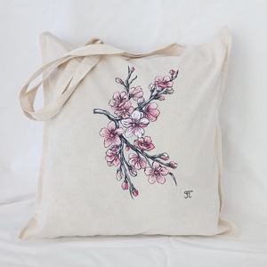 Bevásárló táska kézzel festett cseresznye virág mintával - Meska.hu