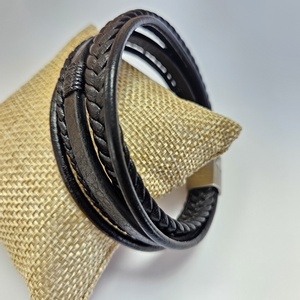 19-23 cm Elegáns bőr férfi karkötő fekete ezüst többsoros. - ékszer - karkötő - fonott karkötő - Meska.hu