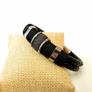  18-23 cm Elegáns bőr férfi karkötő fekete ezüst. - Meska.hu
