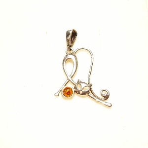 Borostyán  ezüst medál cica., Ékszer, Nyaklánc, Medál, Ékszerkészítés, MESKA