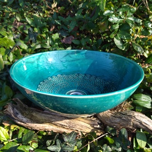 Türkiz kerámia mosdótál csipke mintával - otthon & életmód - fürdőszoba - mosdótál - Meska.hu