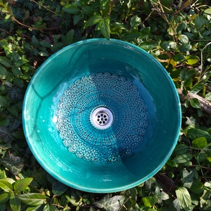 Türkiz kerámia mosdótál csipke mintával - otthon & életmód - fürdőszoba - mosdótál - Meska.hu