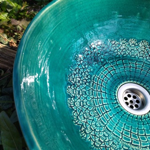 Türkiz kerámia mosdótál csipke mintával - otthon & életmód - fürdőszoba - mosdótál - Meska.hu