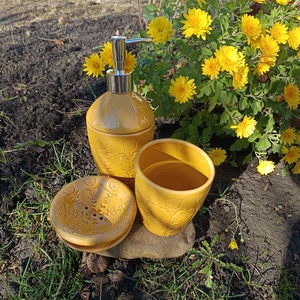 Fürdőszobai kiegészítő szett sárga - otthon & életmód - fürdőszoba - szappantartó - Meska.hu