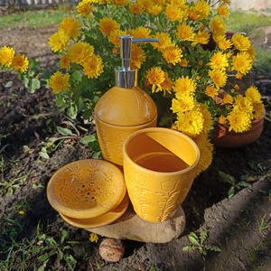 Fürdőszobai kiegészítő szett sárga - otthon & életmód - fürdőszoba - szappantartó - Meska.hu