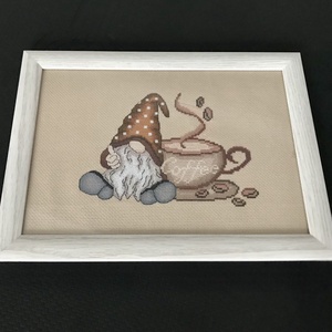Manó kávéval - hímzett kép, Művészet, Textilkép, Keresztszemes, Hímzés, MESKA