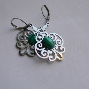 Filigrán malachit fülbevaló, Ékszer, Fülbevaló, Lógó fülbevaló, Ékszerkészítés, Fémmegmunkálás, MESKA