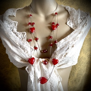 Gyönyörű régi többsoros nyaklánc piros muránói üveg szívekkel az 1970-es évekből, Ékszer, Nyaklánc, Hosszú nyaklánc, Ékszerkészítés, Meska