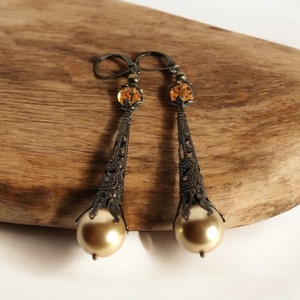 Bronz és majolika gyöngyös fülbevaló 8cm estére-partyra! Elegáns lógós fülbevaló, Ékszer, Fülbevaló, Lógó fülbevaló, Gyöngyfűzés, gyöngyhímzés, MESKA