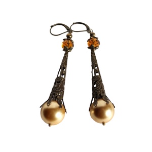Bronz és majolika gyöngyös fülbevaló 8cm estére-partyra! Elegáns lógós fülbevaló - ékszer - fülbevaló - lógó fülbevaló - Meska.hu
