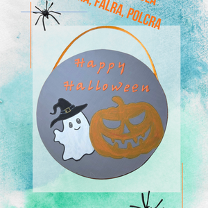 Happy Halloween  Szellem és Tök kézzel festett, újrahasznosított parkettán ajtóra, falra, polcra, Otthon & Életmód, Dekoráció, Halloween, Halloweeni dekoráció, Festett tárgyak, Újrahasznosított alapanyagból készült termékek, MESKA
