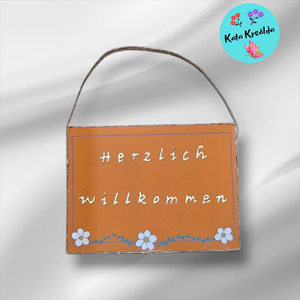 Herzlich willkommen tábla narancs - otthon & életmód - dekoráció - kép & falikép - fából készült kép - Meska.hu