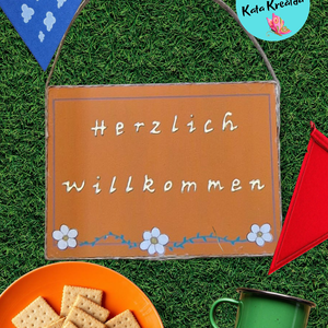 Herzlich willkommen tábla narancs - otthon & életmód - dekoráció - kép & falikép - fából készült kép - Meska.hu