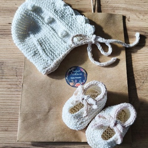 Újszülött ajándék kézzel kötött pamut sapka és babacipő , Baba - mama, Babalátogató ajándékcsomag, , MESKA