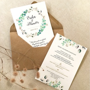 Eukaliptusz levél koszorús esküvői meghívó, Esküvő, Meghívó & Kártya, Meghívó, Fotó, grafika, rajz, illusztráció, MESKA